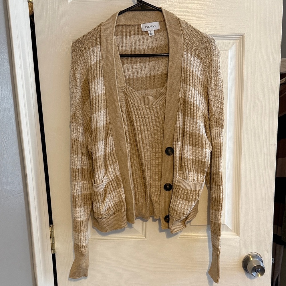 Evereve Beige and Cream Striped Knit Cardigan with Tank